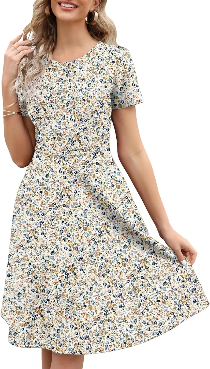 Women's Elegant Vintage Summer Casual Dresses 2025 Floral Print Work Party A-Line Dress with Pockets 262