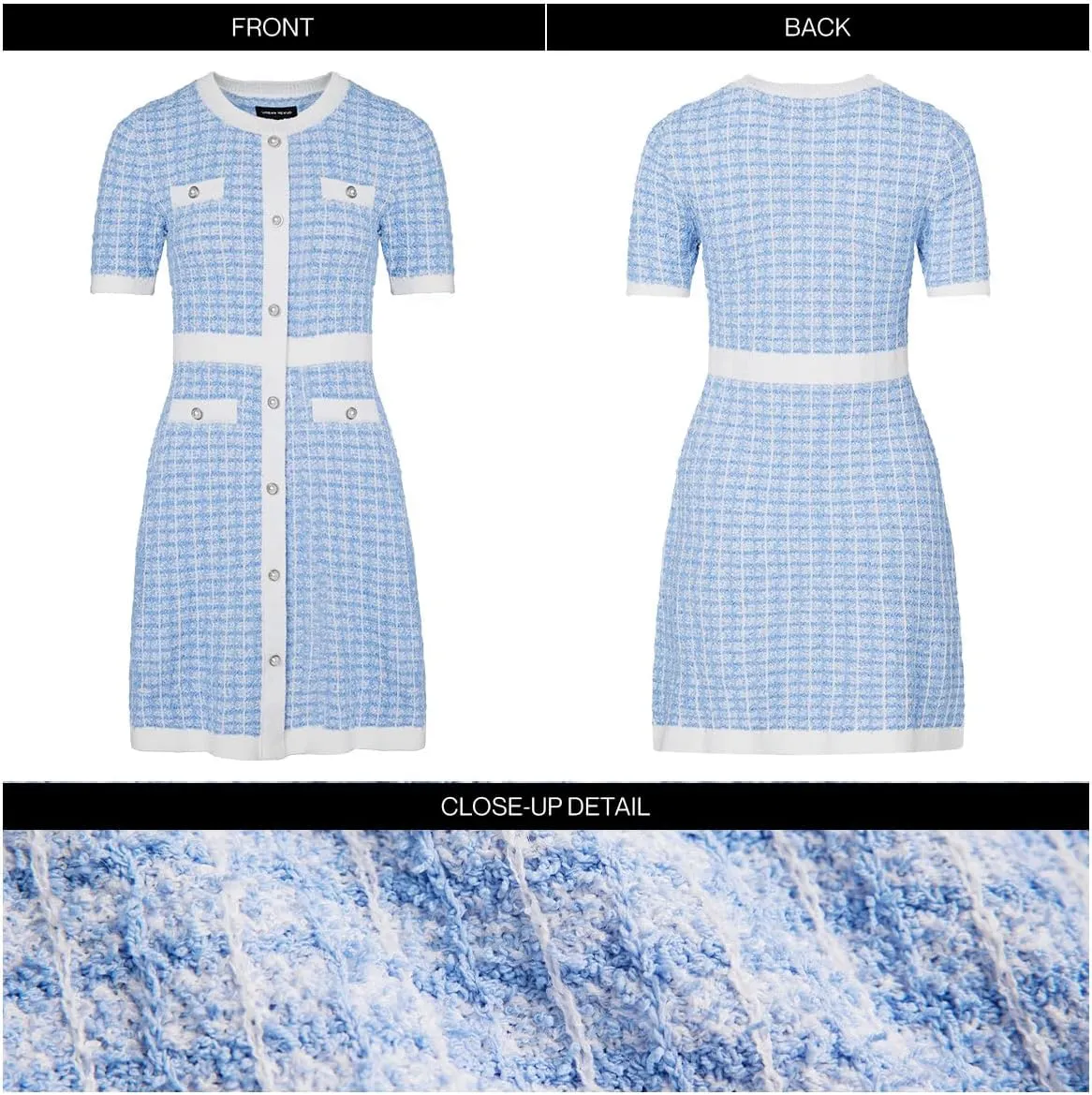 Women's Sweater Dress Knit Tweed Dress Short Sleeve Pearl Button Mini Dresses Trendy for Fall Spring Summer