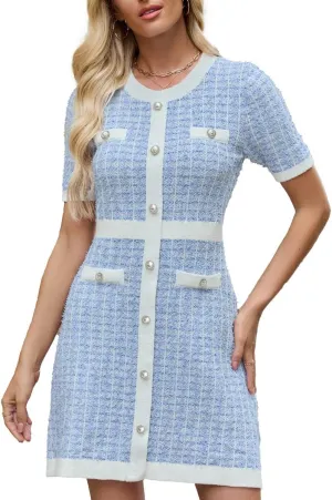 Women's Sweater Dress Knit Tweed Dress Short Sleeve Pearl Button Mini Dresses Trendy for Fall Spring Summer