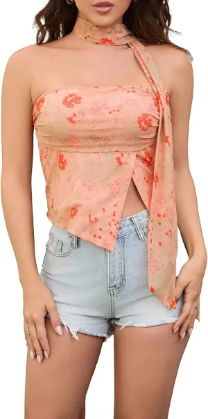 Women's Tube Crop Tops Ruched Sleevless Floral Mesh Strapless Bandeau Trendy Going Out Summer Y2K Top with Scarf
