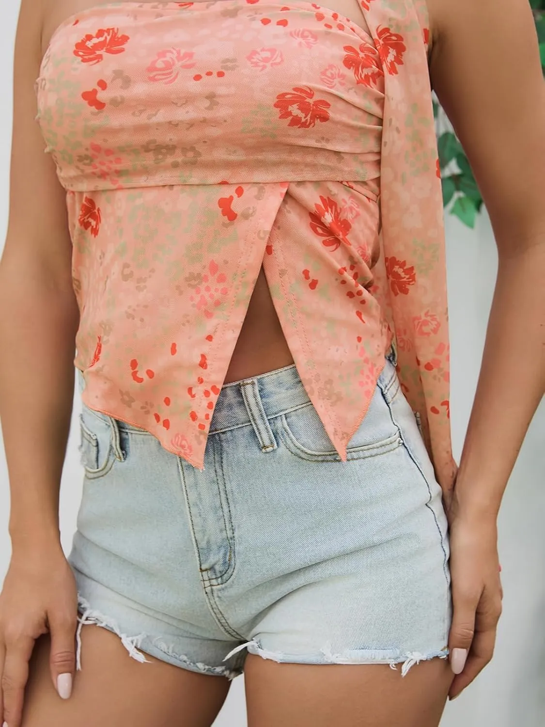 Women's Tube Crop Tops Ruched Sleevless Floral Mesh Strapless Bandeau Trendy Going Out Summer Y2K Top with Scarf