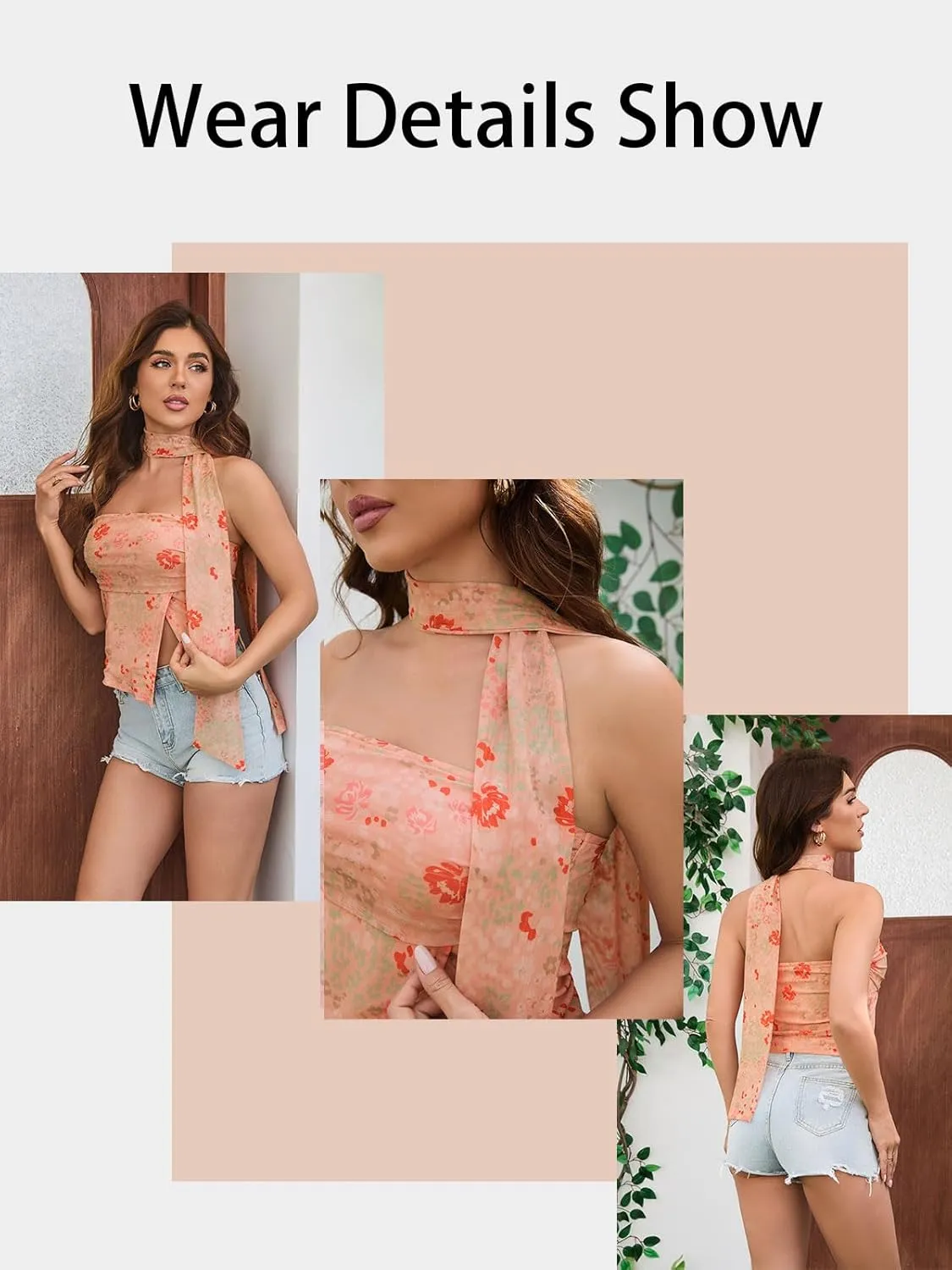 Women's Tube Crop Tops Ruched Sleevless Floral Mesh Strapless Bandeau Trendy Going Out Summer Y2K Top with Scarf