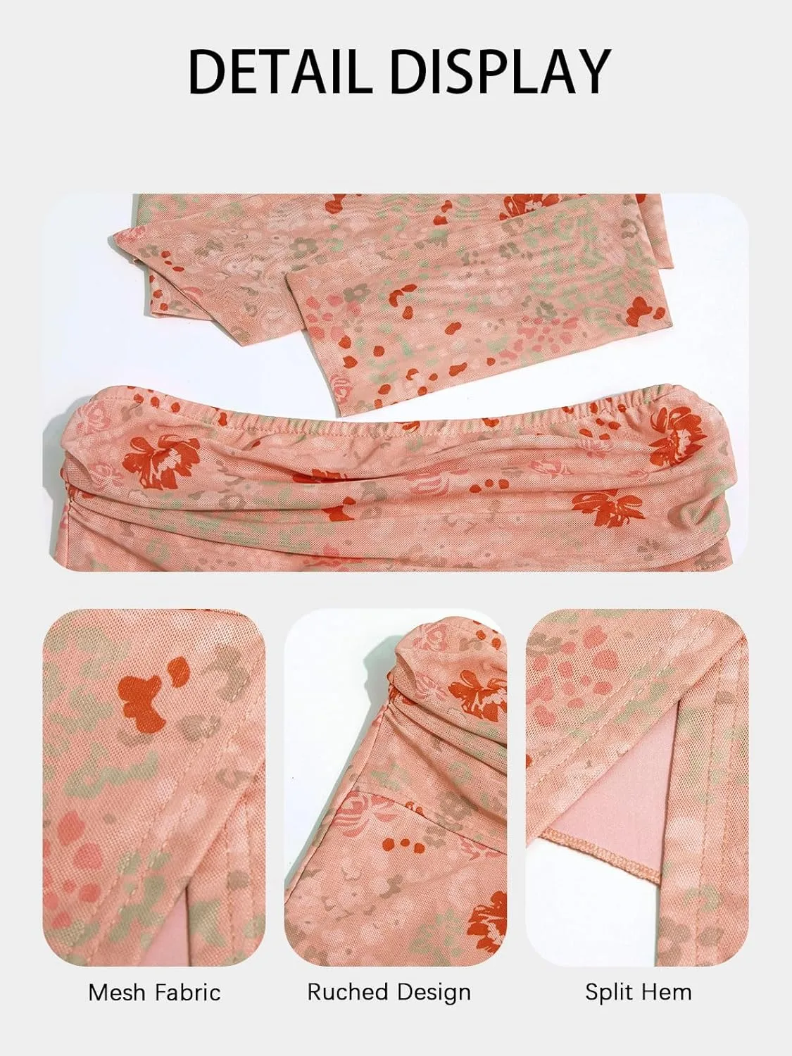 Women's Tube Crop Tops Ruched Sleevless Floral Mesh Strapless Bandeau Trendy Going Out Summer Y2K Top with Scarf
