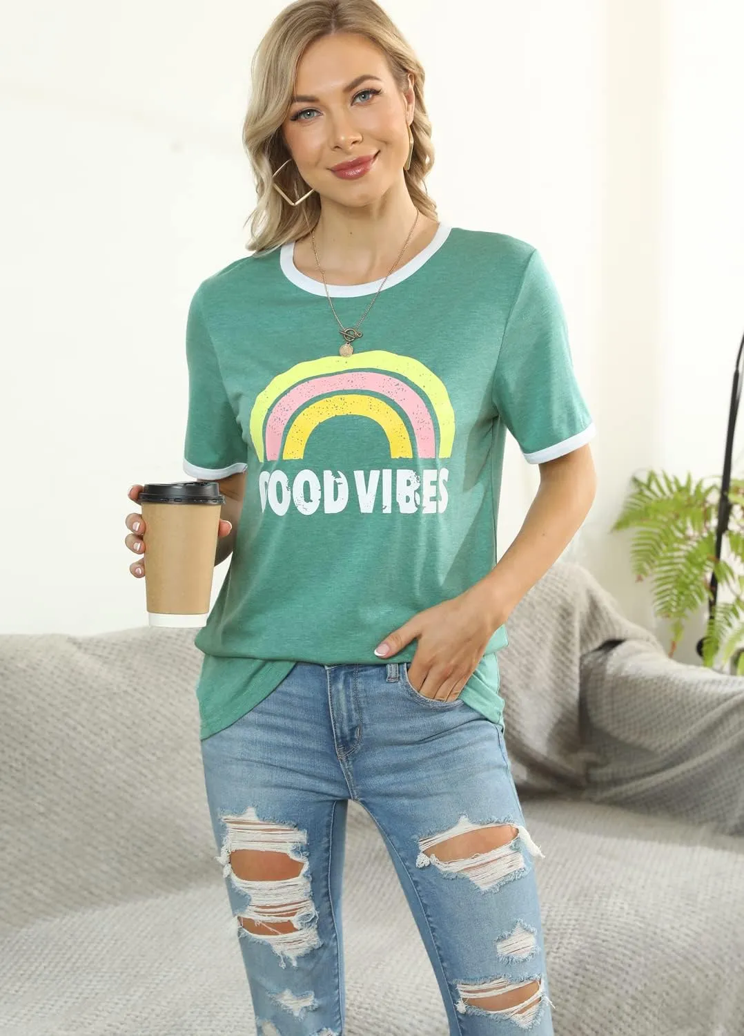 YEXIPO Womens Graphic Tees Short Sleeve Summer Tops Funny Letter Print Crew Neck Casual Loose Cute T Shirts