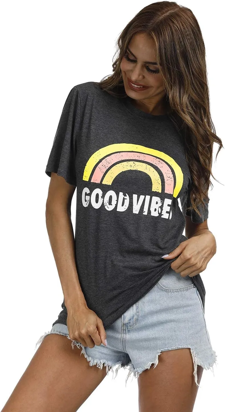 YEXIPO Womens Graphic Tees Short Sleeve Summer Tops Funny Letter Print Crew Neck Casual Loose Cute T Shirts
