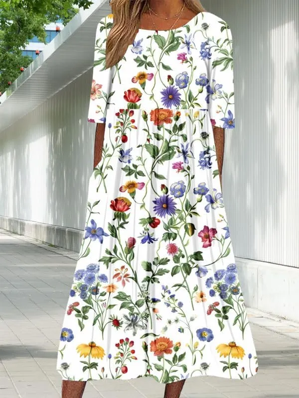 ZOCAVIA Women's Boho Floral Midi Dress Summer Casual Ethnic Style Short Sleeve Flowy Bohemian Retro Sundresses with Pockets