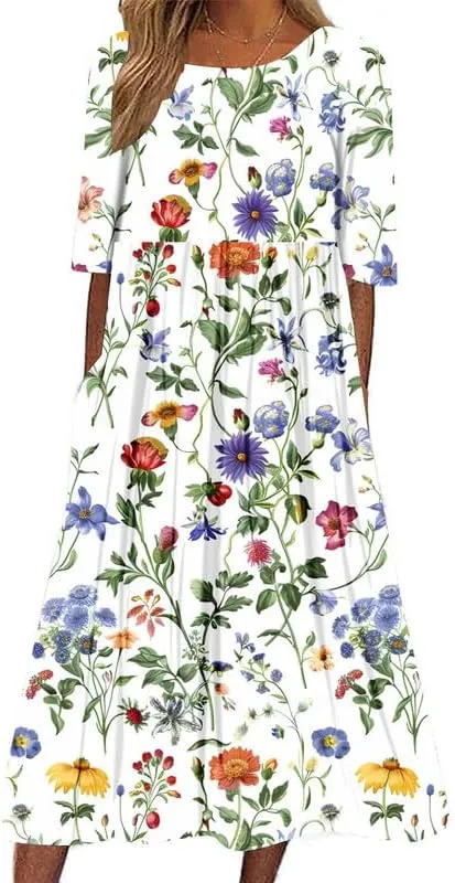 ZOCAVIA Women's Boho Floral Midi Dress Summer Casual Ethnic Style Short Sleeve Flowy Bohemian Retro Sundresses with Pockets