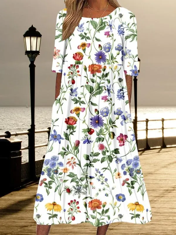 ZOCAVIA Women's Boho Floral Midi Dress Summer Casual Ethnic Style Short Sleeve Flowy Bohemian Retro Sundresses with Pockets