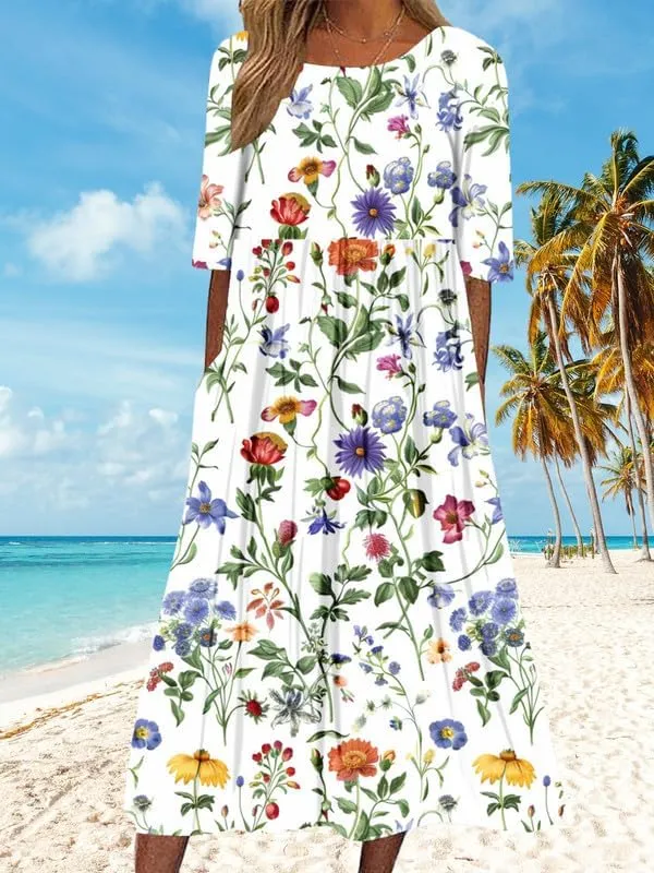 ZOCAVIA Women's Boho Floral Midi Dress Summer Casual Ethnic Style Short Sleeve Flowy Bohemian Retro Sundresses with Pockets