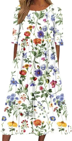 ZOCAVIA Women's Boho Floral Midi Dress Summer Casual Ethnic Style Short Sleeve Flowy Bohemian Retro Sundresses with Pockets