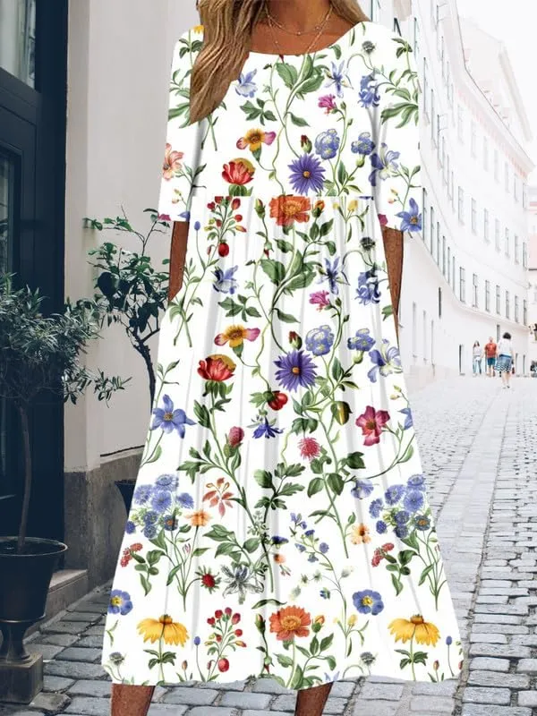 ZOCAVIA Women's Boho Floral Midi Dress Summer Casual Ethnic Style Short Sleeve Flowy Bohemian Retro Sundresses with Pockets